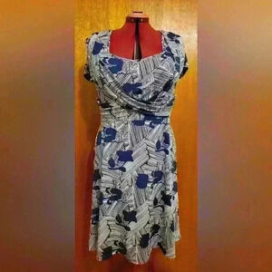 Touché | White and Blue Abstract Floral Ruched  Wrap Dress, Size XL